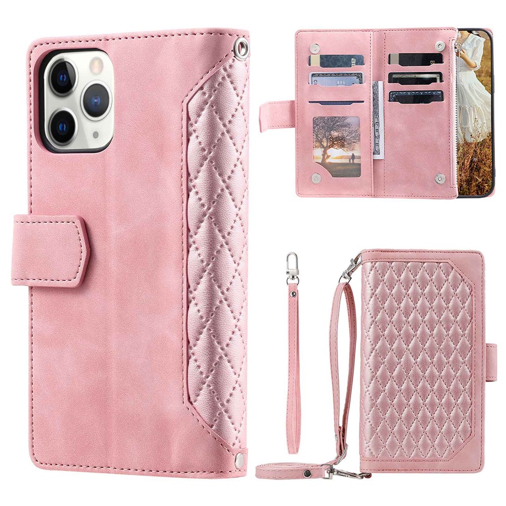 005 Style Drop-proof Phone Case for iPhone 11 Pro Max 6.5 inch, Leather Rhombus Texture Full Body Protection Stand Wallet Cover with Zipper Pocket - Pink