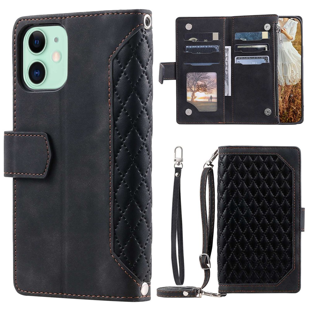 005 Style Phone Cover For iPhone 12 mini 5.4 inch, Wear-resistant Rhombus Texture PU Leather Flip Case Zipper Pocket Wallet Stand Card Holder with Strap - Black