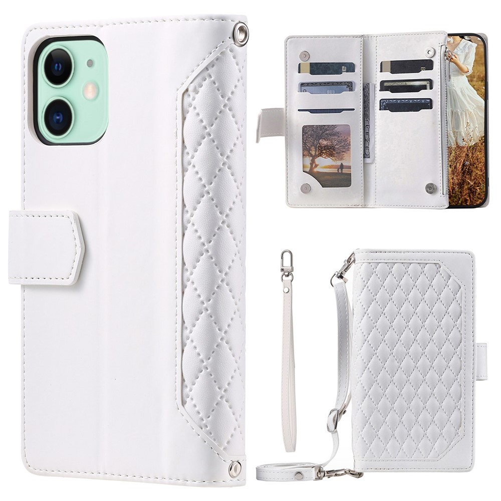 005 Style Phone Cover For iPhone 12 mini 5.4 inch, Wear-resistant Rhombus Texture PU Leather Flip Case Zipper Pocket Wallet Stand Card Holder with Strap - White
