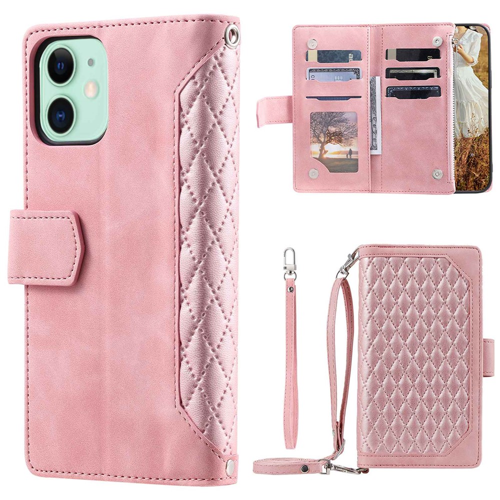 005 Style Phone Cover For iPhone 12 mini 5.4 inch, Wear-resistant Rhombus Texture PU Leather Flip Case Zipper Pocket Wallet Stand Card Holder with Strap - Pink