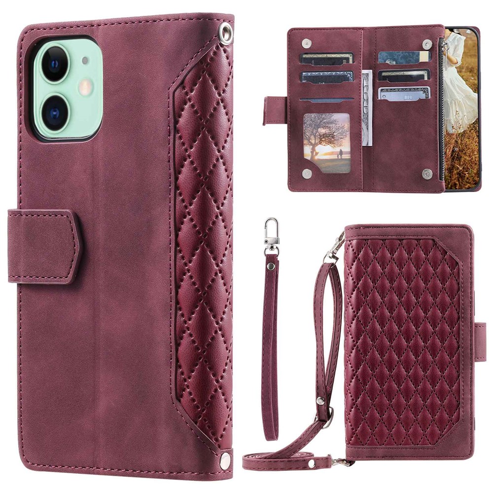 005 Style Phone Cover For iPhone 12 mini 5.4 inch, Wear-resistant Rhombus Texture PU Leather Flip Case Zipper Pocket Wallet Stand Card Holder with Strap - Wine Red