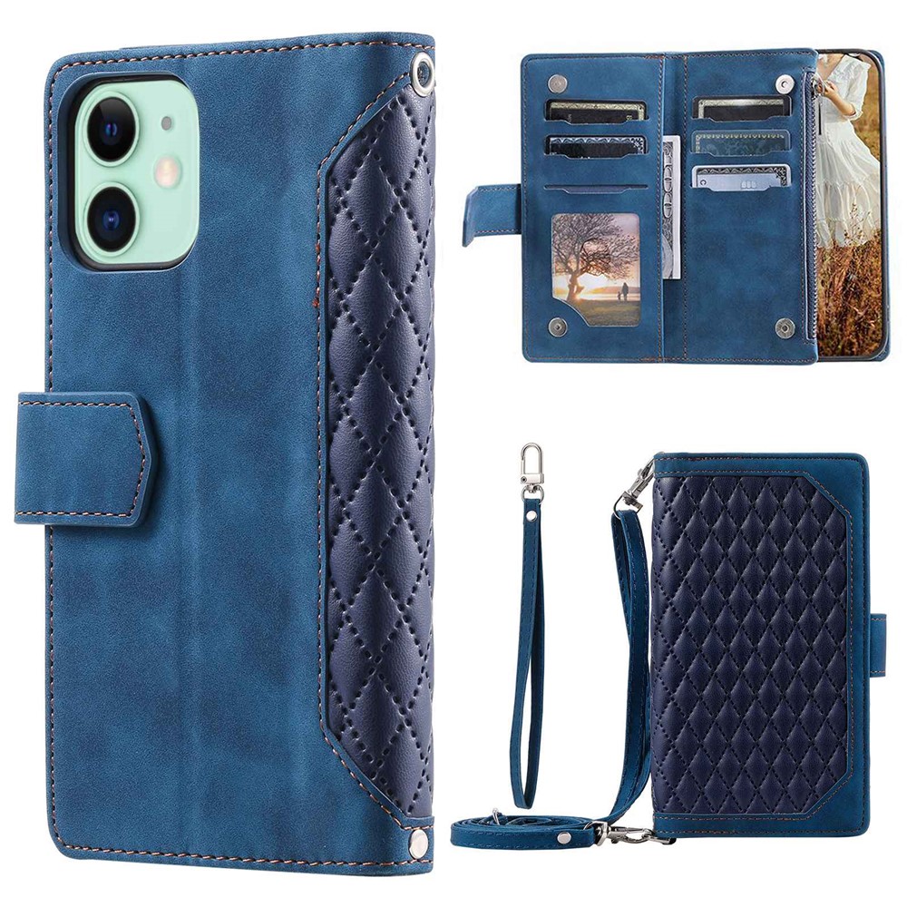 005 Style Phone Cover For iPhone 12 mini 5.4 inch, Wear-resistant Rhombus Texture PU Leather Flip Case Zipper Pocket Wallet Stand Card Holder with Strap - Blue