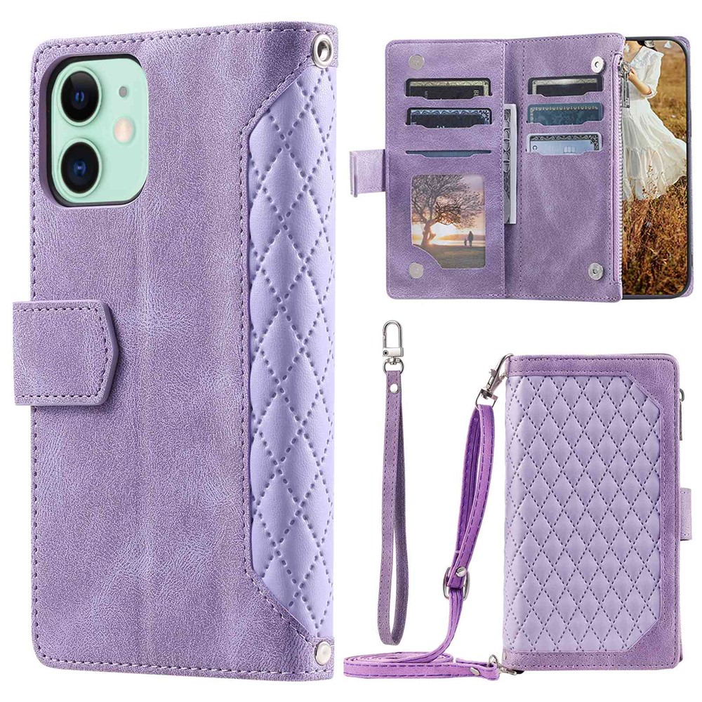 005 Style Phone Cover For iPhone 12 mini 5.4 inch, Wear-resistant Rhombus Texture PU Leather Flip Case Zipper Pocket Wallet Stand Card Holder with Strap - Purple