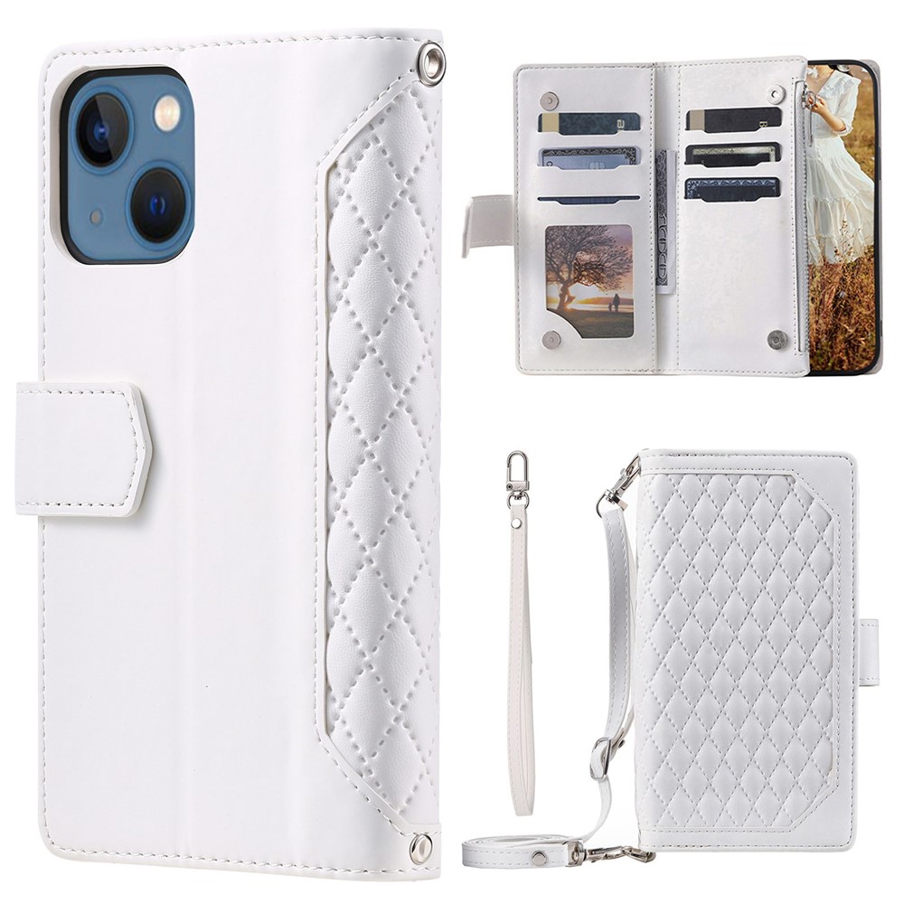 005 Style Rhombus Texture PU Leather Phone Case For iPhone 13 mini 5.4 inch, Card Holder Anti-fall Shock-absorption Zipper Pocket Wallet Cover Stand with Strap - White