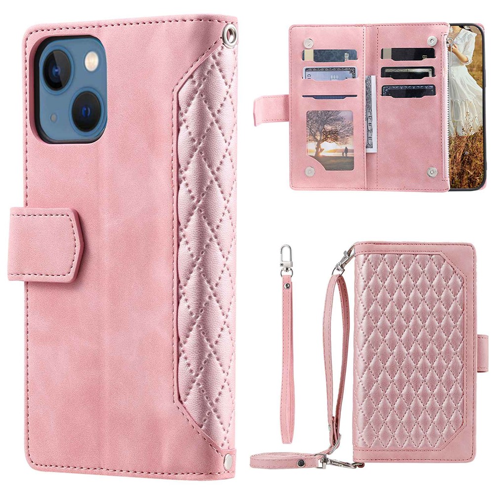 005 Style Rhombus Texture PU Leather Phone Case For iPhone 13 mini 5.4 inch, Card Holder Anti-fall Shock-absorption Zipper Pocket Wallet Cover Stand with Strap - Pink