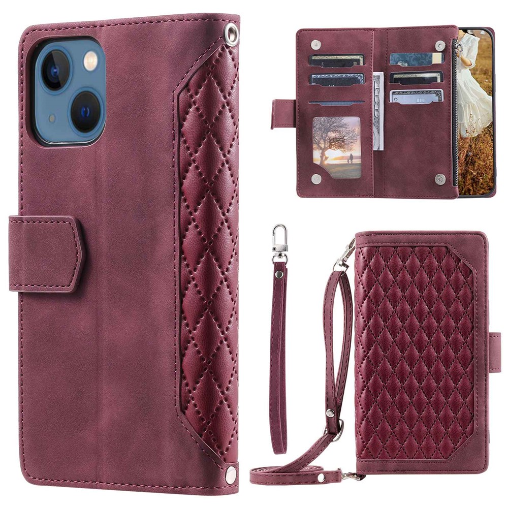 005 Style Rhombus Texture PU Leather Phone Case For iPhone 13 mini 5.4 inch, Card Holder Anti-fall Shock-absorption Zipper Pocket Wallet Cover Stand with Strap - Wine Red