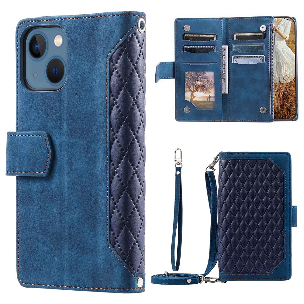 005 Style Rhombus Texture PU Leather Phone Case For iPhone 13 mini 5.4 inch, Card Holder Anti-fall Shock-absorption Zipper Pocket Wallet Cover Stand with Strap - Blue