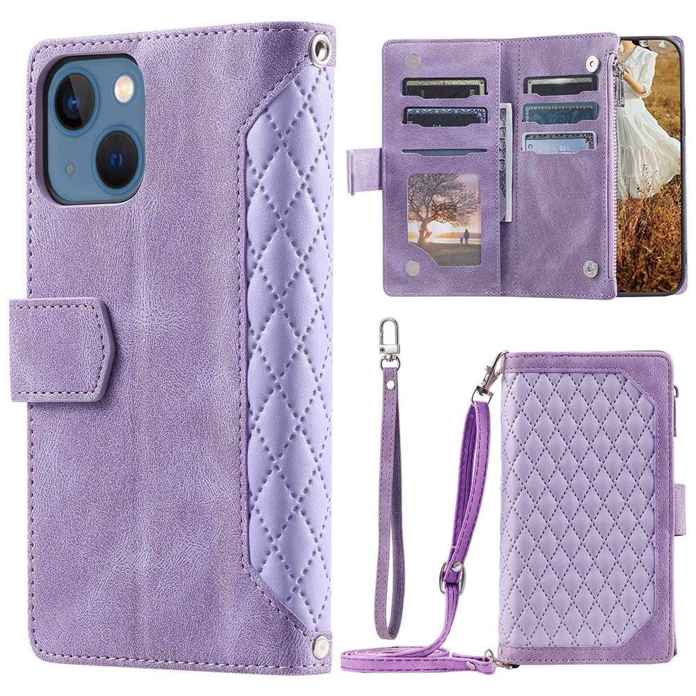 005 Style Rhombus Texture PU Leather Phone Case For iPhone 13 mini 5.4 inch, Card Holder Anti-fall Shock-absorption Zipper Pocket Wallet Cover Stand with Strap - Purple