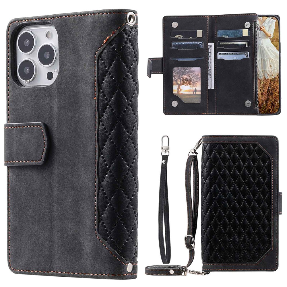 005 Style For iPhone 13 Pro Max 6.7 inch, Fall Protection Phone Case Zipper Pocket Rhombus Texture PU Leather Wallet Cover Stand with Strap Card Holder - Black-1