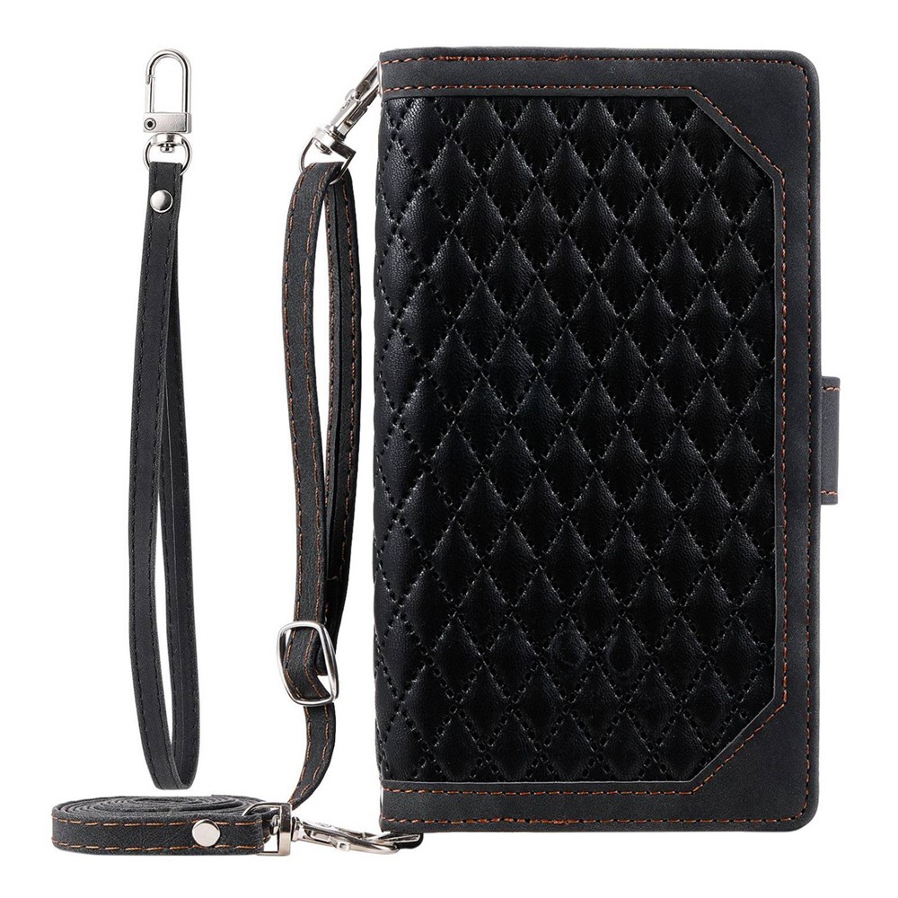 005 Style For iPhone 13 Pro Max 6.7 inch, Fall Protection Phone Case Zipper Pocket Rhombus Texture PU Leather Wallet Cover Stand with Strap Card Holder - Black-10