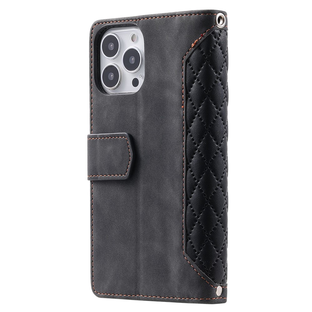 005 Style For iPhone 13 Pro Max 6.7 inch, Fall Protection Phone Case Zipper Pocket Rhombus Texture PU Leather Wallet Cover Stand with Strap Card Holder - Black-11