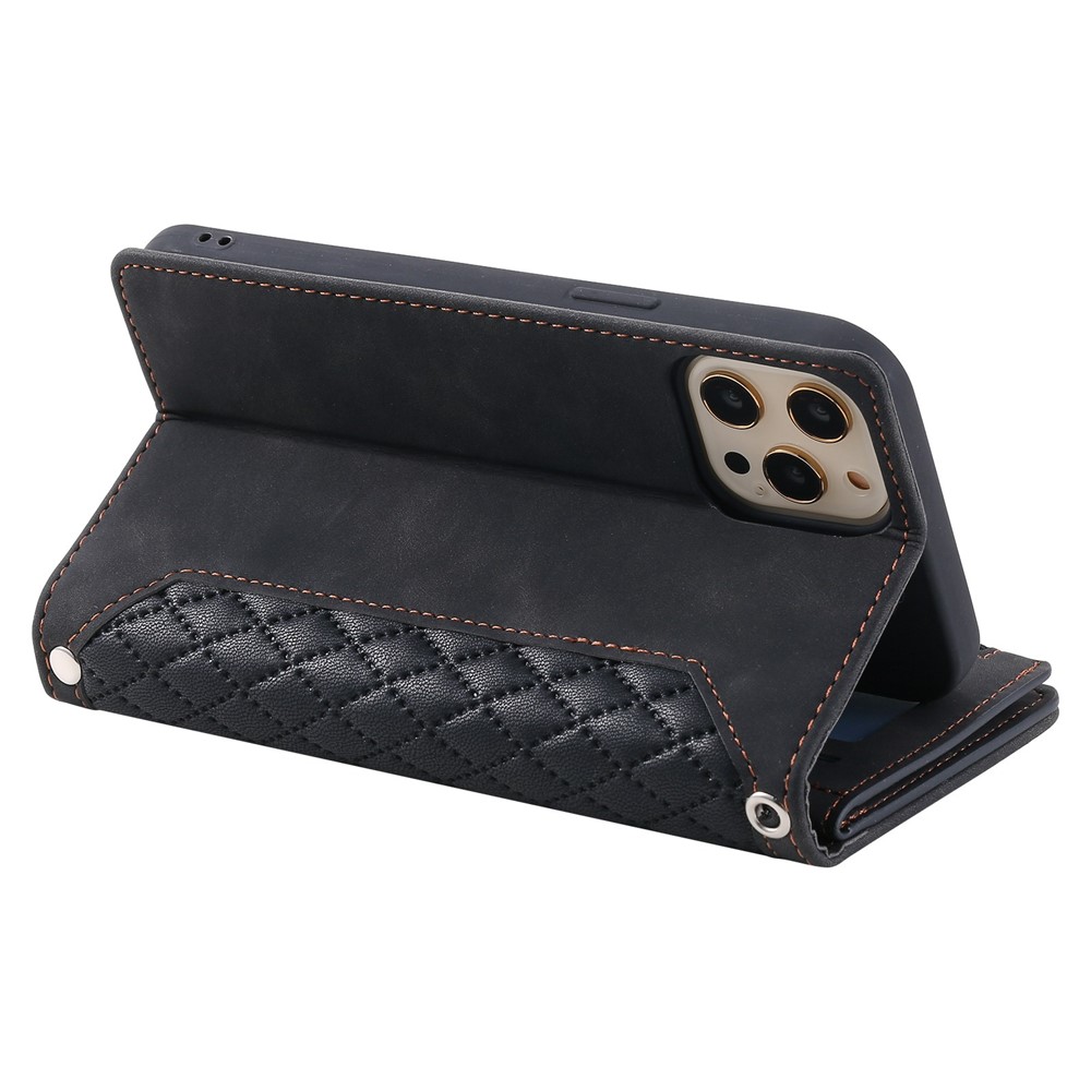 005 Style For iPhone 13 Pro Max 6.7 inch, Fall Protection Phone Case Zipper Pocket Rhombus Texture PU Leather Wallet Cover Stand with Strap Card Holder - Black-3