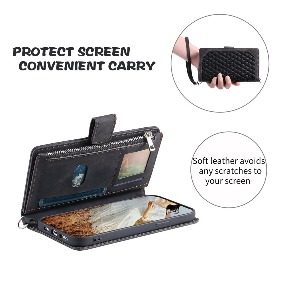 005 Style For iPhone 13 Pro Max 6.7 inch, Fall Protection Phone Case Zipper Pocket Rhombus Texture PU Leather Wallet Cover Stand with Strap Card Holder - Black-6
