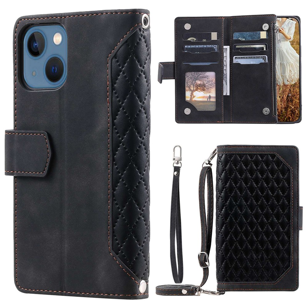 005 Style For iPhone 13 6.1 inch, Drop-proof Zipper Pocket Phone Case Rhombus Texture Flip Wallet Cover Stand with Strap Card Holder - Black-1