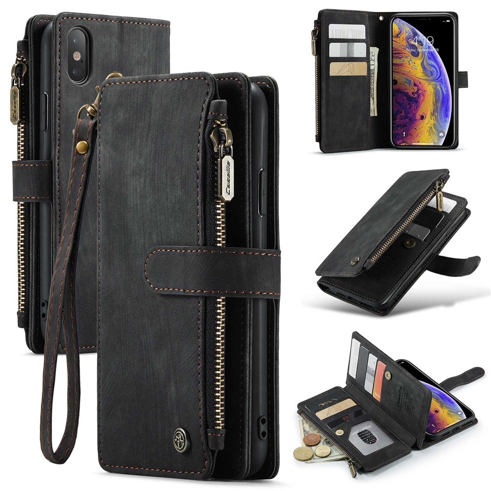 For iPhone XS Max Phone Cases with Strap CASEME C30 Zipper Multiple Card Holder PU Leather Cover - Black