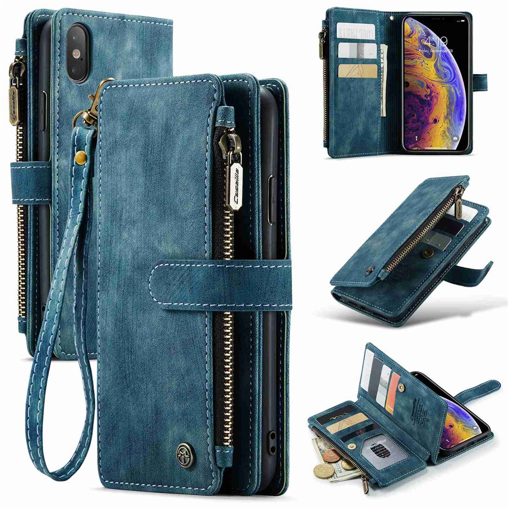 For iPhone XS Max Phone Cases with Strap CASEME C30 Zipper Multiple Card Holder PU Leather Cover - Blue