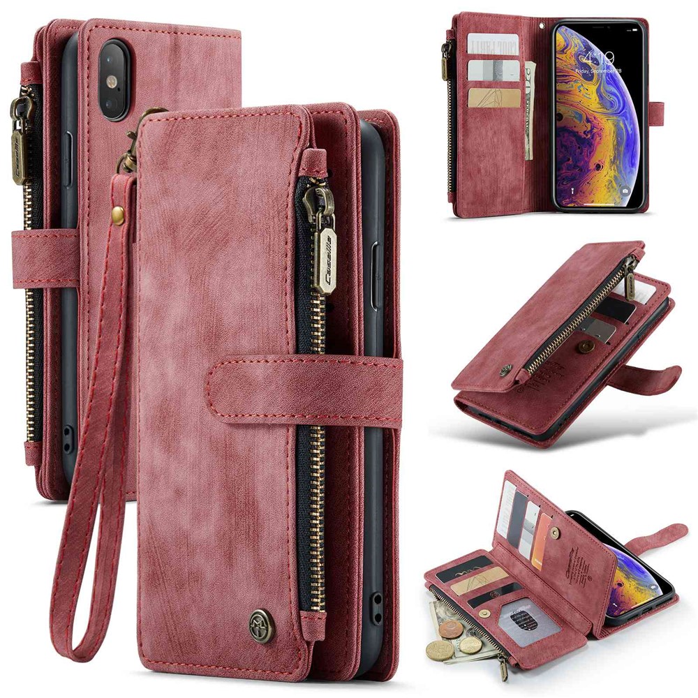 For iPhone XS Max Phone Cases with Strap CASEME C30 Zipper Multiple Card Holder PU Leather Cover - Red