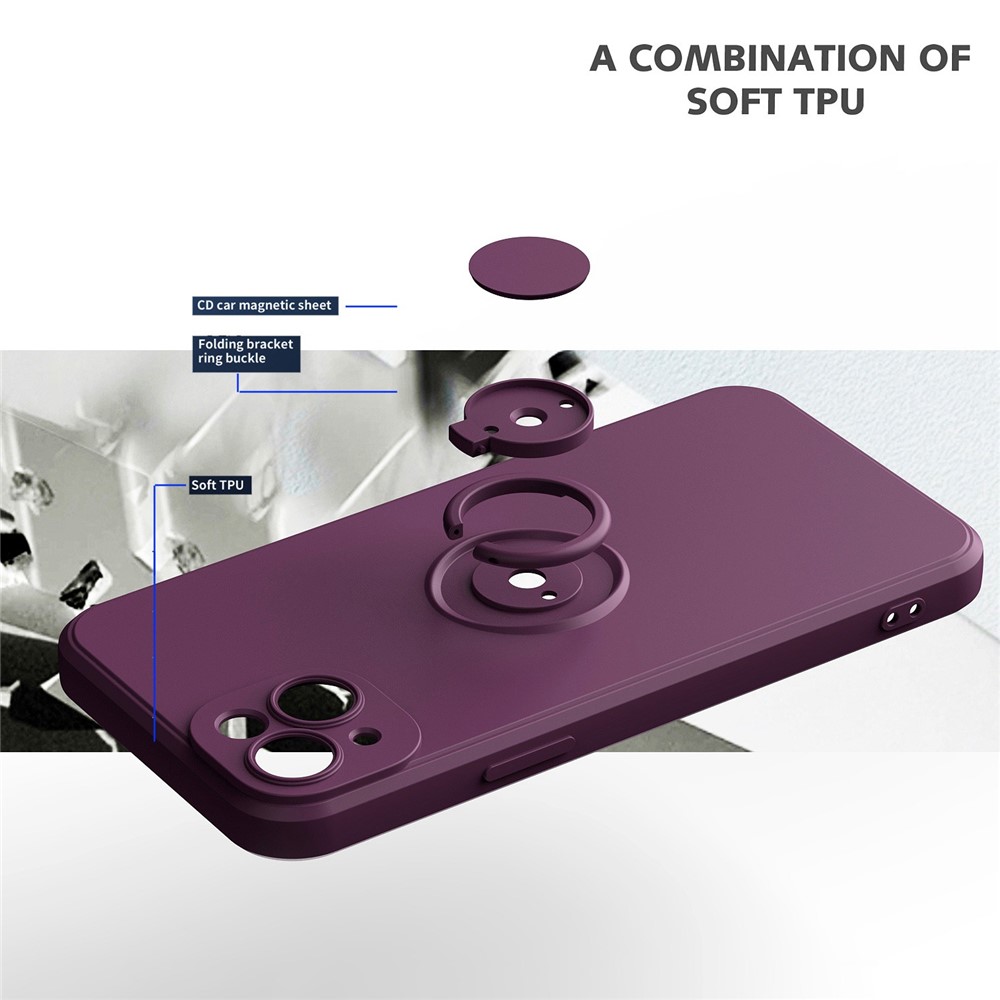 For iPhone 14 Max 6.7 inch Ring Holder Kickstand TPU Case Rubberized Soft TPU Cover with Built-in Metal Sheet - Cherry Blossom Purple-4
