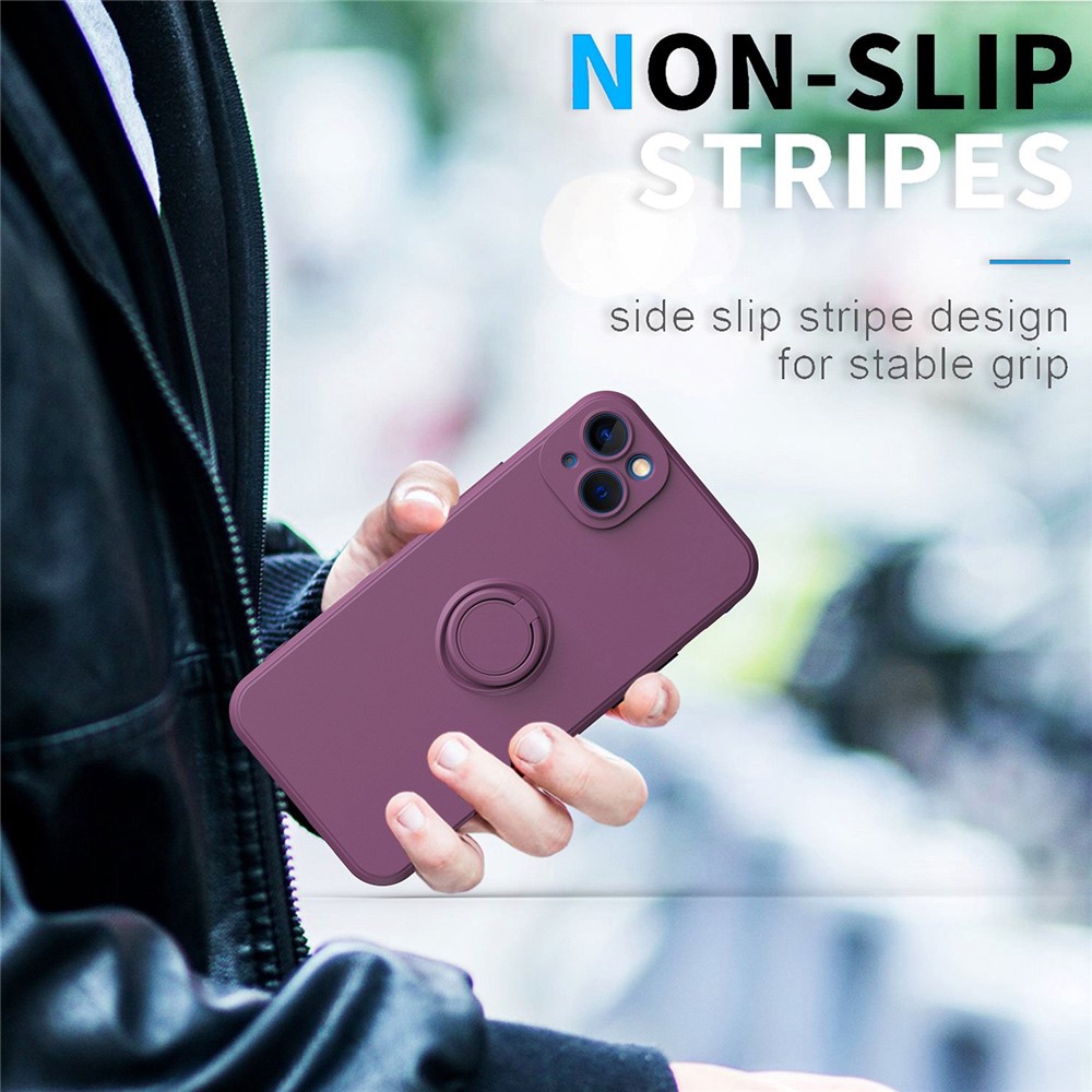 For iPhone 14 Max 6.7 inch Ring Holder Kickstand TPU Case Rubberized Soft TPU Cover with Built-in Metal Sheet - Cherry Blossom Purple-7