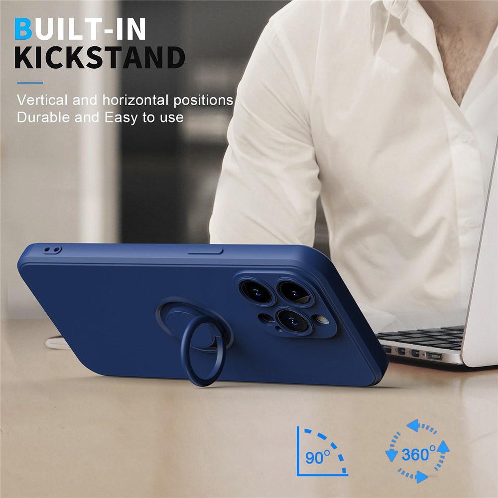 For iPhone 14 Pro 6.1 inch Ring Holder Kickstand Rubberized Phone TPU Case Car Mount Metal Sheet Protective Cover - Blue-2