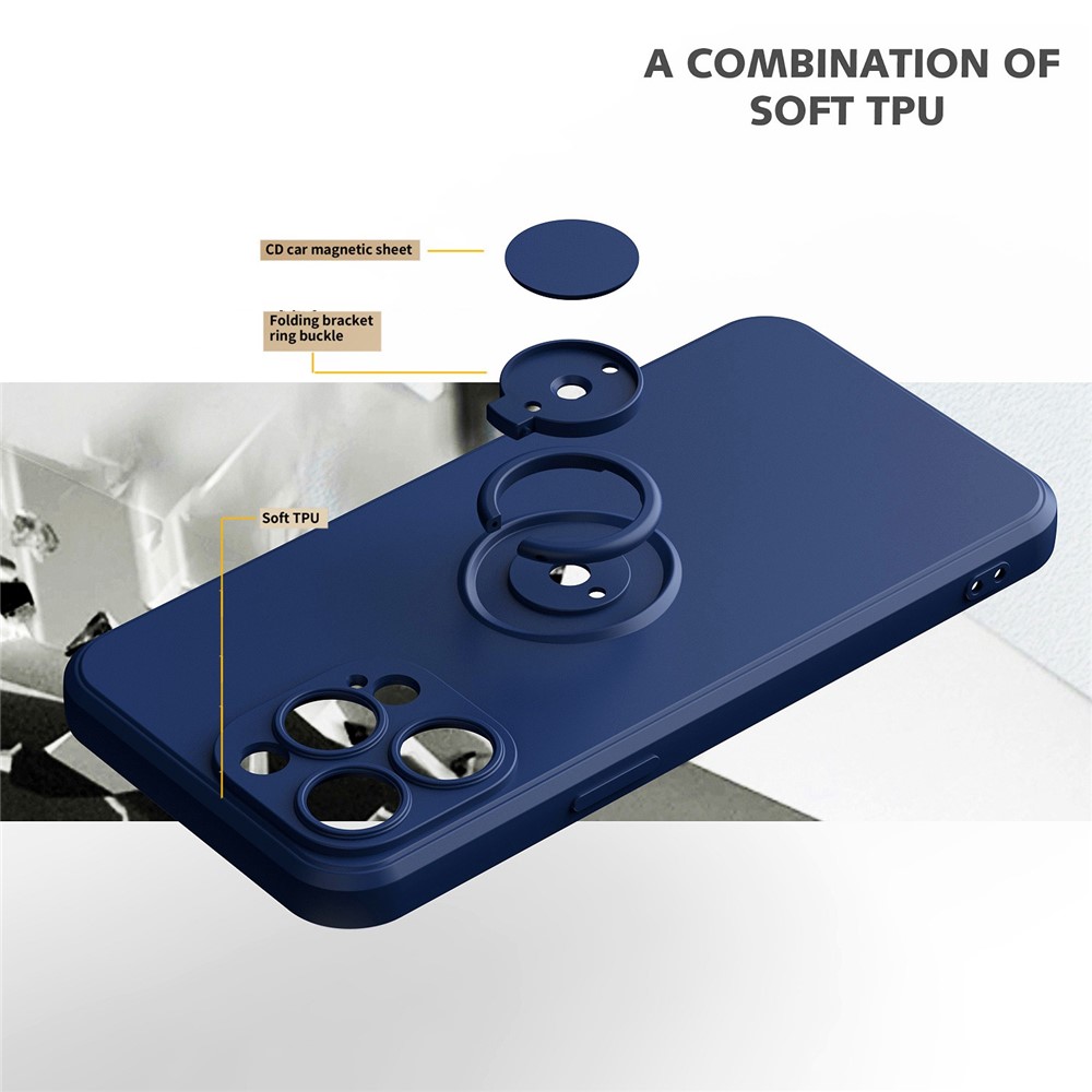 For iPhone 14 Pro 6.1 inch Ring Holder Kickstand Rubberized Phone TPU Case Car Mount Metal Sheet Protective Cover - Blue-4
