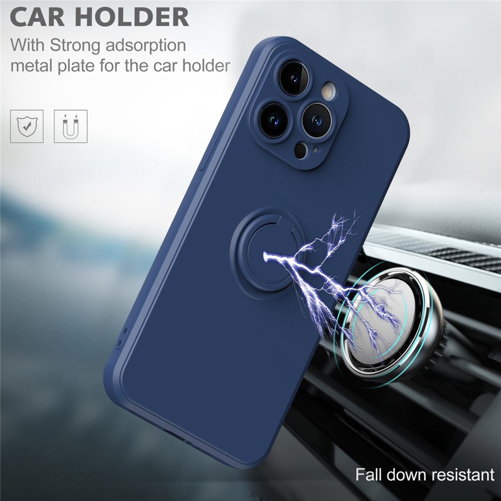 For iPhone 14 Pro 6.1 inch Ring Holder Kickstand Rubberized Phone TPU Case Car Mount Metal Sheet Protective Cover - Blue-5