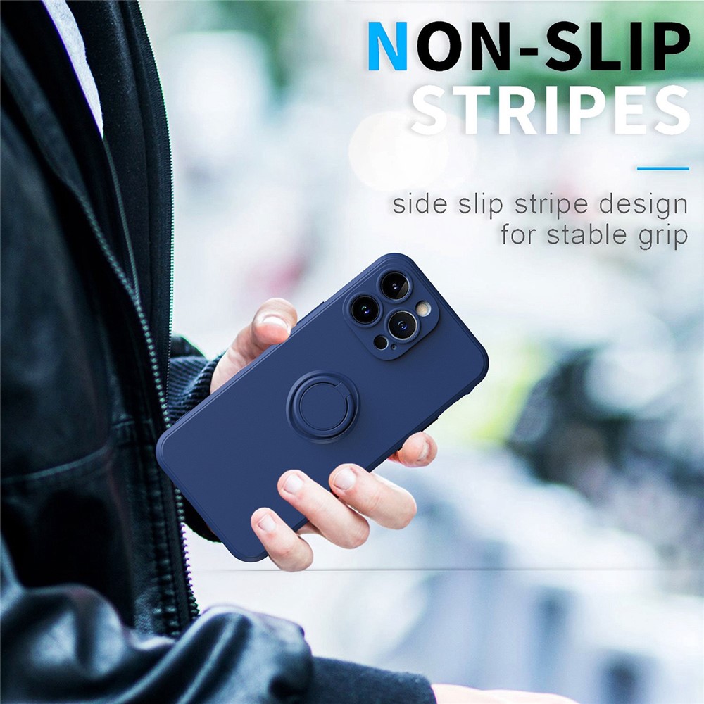 For iPhone 14 Pro 6.1 inch Ring Holder Kickstand Rubberized Phone TPU Case Car Mount Metal Sheet Protective Cover - Blue-7