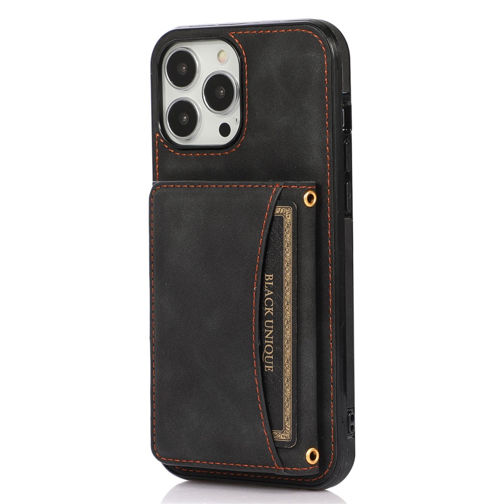 For iPhone 14 6.1 inch Drop-proof Phone Wallet Case Kickstand Multifunctional Well-protected Mobile Phone Back Cover Card Holder - Black-1