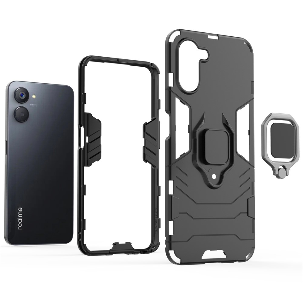 For Realme V20 5G Soft TPU Hard PC Impact-Resistant Case Ring Kickstand Shockproof Protective Phone Cover - Black-3