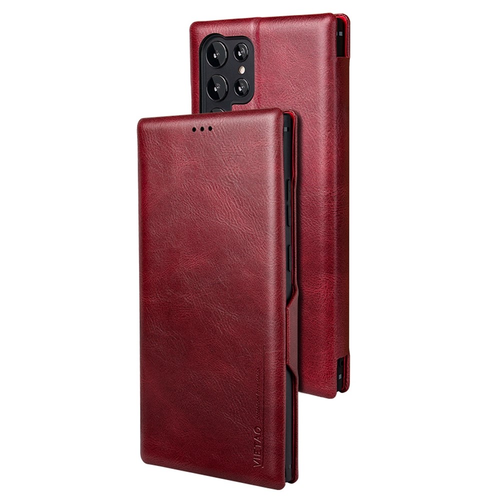For Samsung Galaxy S22 Ultra 5G Card Holder PU Leather Cover Stand Folio Flip Protective Phone Case - Wine Red-1