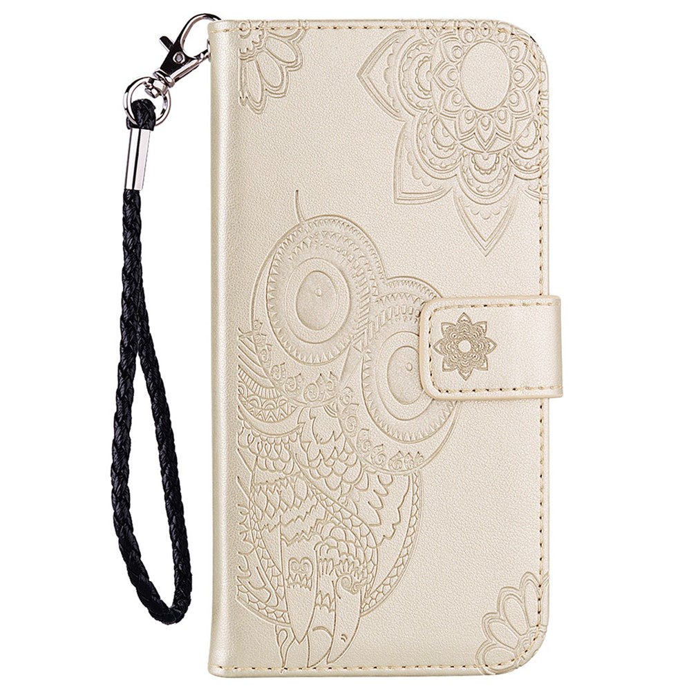 For iPhone 14 Pro Max 6.7 inch Shockproof Flip Wallet Case Stand with Imprinted Owl Flower Pattern Full Protection PU Leather Phone Cover - Gold-5