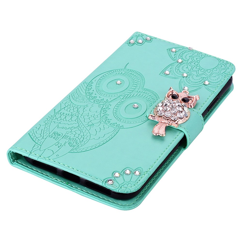 For iPhone 14 Pro Max 6.7 inch Owl Flower Imprinted Wallet Stand Phone Case PU Leather Rhinestone Decor Folio Flip Cover - Cyan-4