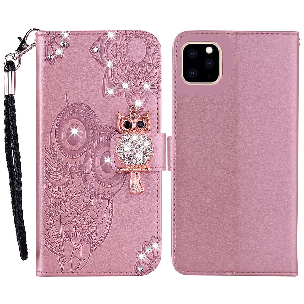 For iPhone 14 Pro 6.1 inch PU Leather Owl Flower Imprinted Wallet Stand Case Magnetic Clasp Rhinestone Decor Phone Cover - Rose Gold-1
