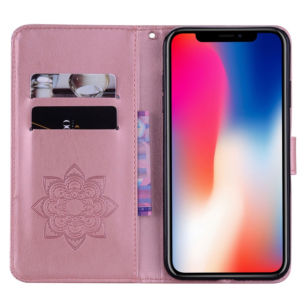 For iPhone 14 Pro 6.1 inch PU Leather Owl Flower Imprinted Wallet Stand Case Magnetic Clasp Rhinestone Decor Phone Cover - Rose Gold-2