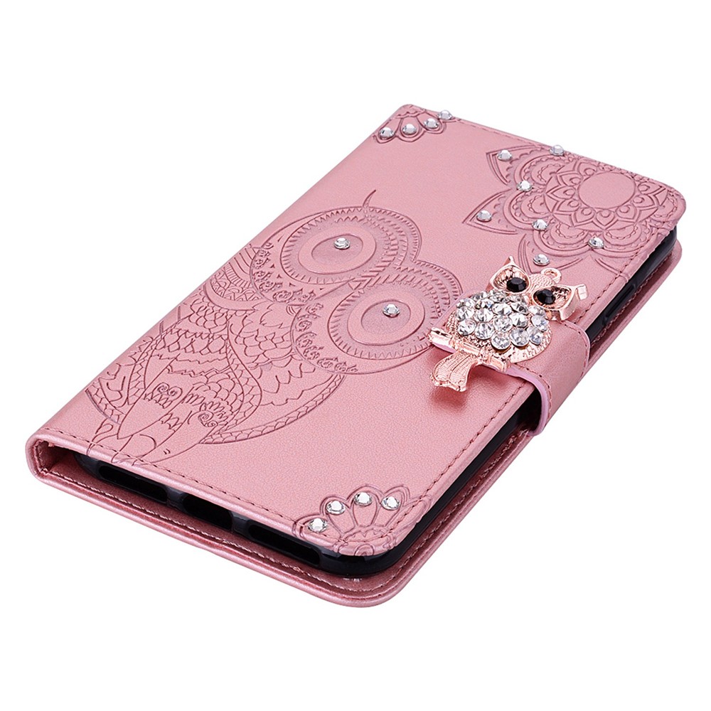 For iPhone 14 Pro 6.1 inch PU Leather Owl Flower Imprinted Wallet Stand Case Magnetic Clasp Rhinestone Decor Phone Cover - Rose Gold-4