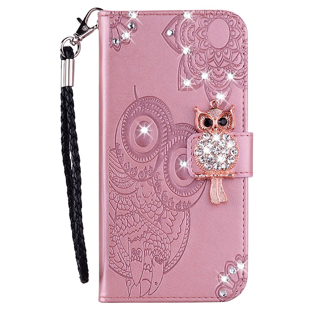 For iPhone 14 Pro 6.1 inch PU Leather Owl Flower Imprinted Wallet Stand Case Magnetic Clasp Rhinestone Decor Phone Cover - Rose Gold-5
