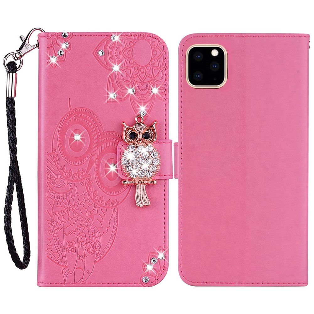 For iPhone 14 Max 6.7 inch Owl Flower Imprinted Wallet Stand Case PU Leather TPU Phone Cover with Rhinestone Decor - Rose-1