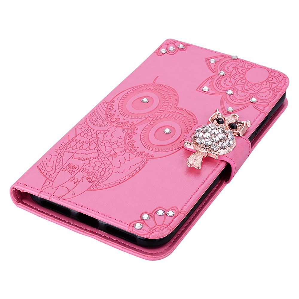 For iPhone 14 Max 6.7 inch Owl Flower Imprinted Wallet Stand Case PU Leather TPU Phone Cover with Rhinestone Decor - Rose-4