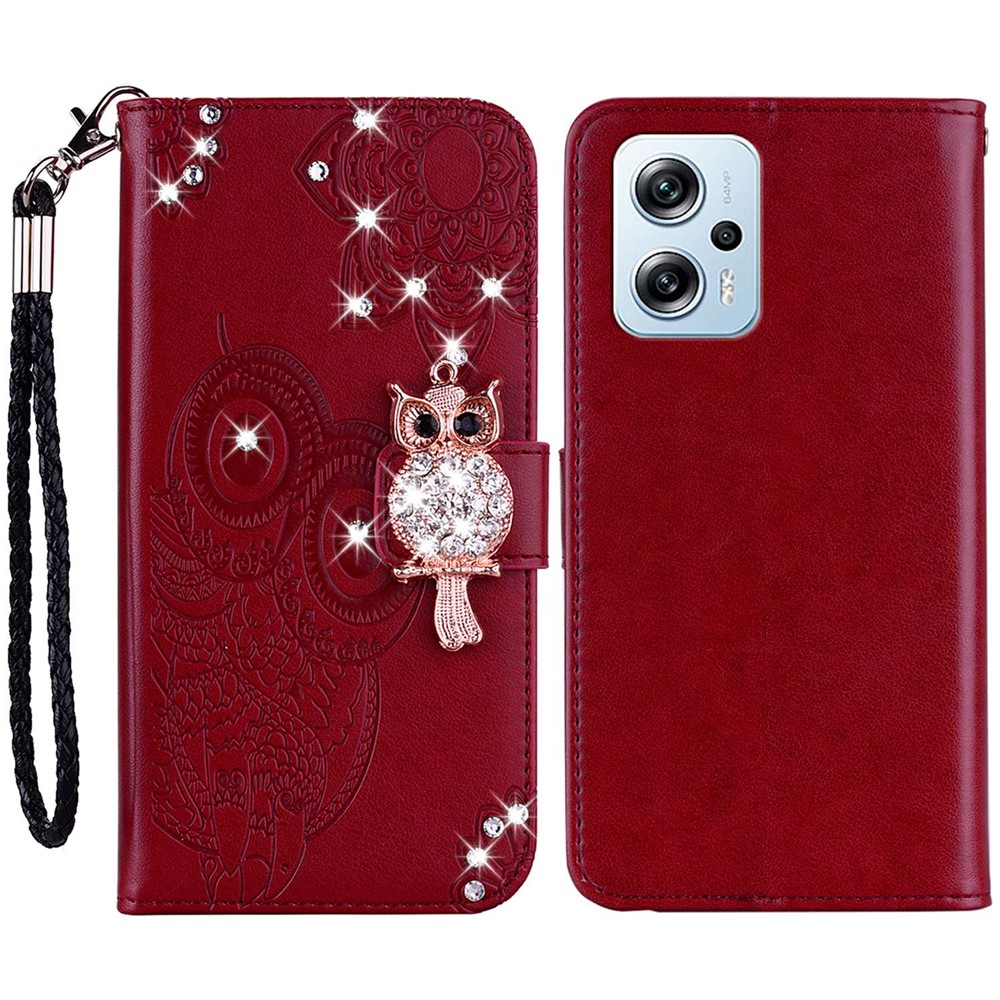 For Xiaomi Poco X4 GT 5G / Redmi Note 11T Pro 5G / Note 11T Pro+ 5G Rhinestone Decor Owl Flower Imprinted Leather Phone Case with Wallet Stand - Red-1