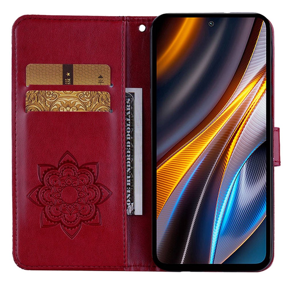 For Xiaomi Poco X4 GT 5G / Redmi Note 11T Pro 5G / Note 11T Pro+ 5G Rhinestone Decor Owl Flower Imprinted Leather Phone Case with Wallet Stand - Red-2