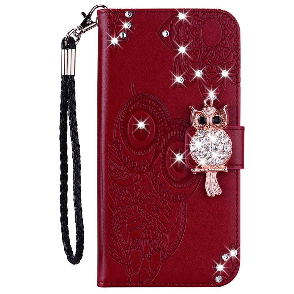 For Xiaomi Poco X4 GT 5G / Redmi Note 11T Pro 5G / Note 11T Pro+ 5G Rhinestone Decor Owl Flower Imprinted Leather Phone Case with Wallet Stand - Red-6
