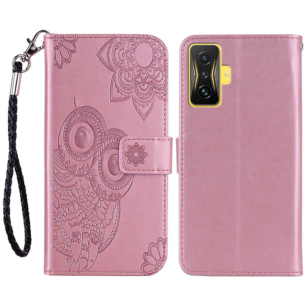 For Xiaomi Poco F4 GT / Redmi K50 Gaming 5G Folio Flip PU Leather Case Imprinted Owl Flower Pattern Phone Protective Cover with Wallet Stand - Rose Gold-1