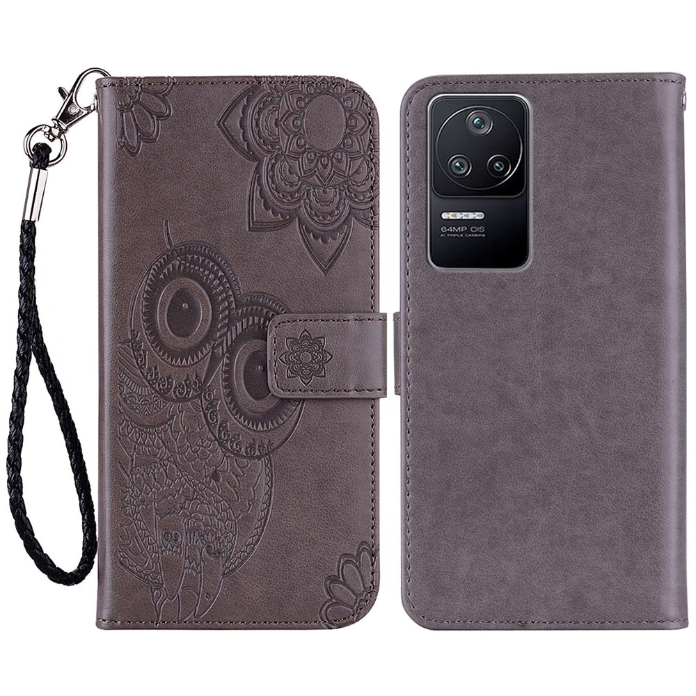 For Xiaomi Poco F4 5G / Redmi K40S 5G Owl Flower Pattern Imprinted Magnetic Clasp Stand Case PU Leather Phone Wallet Cover - Grey-1