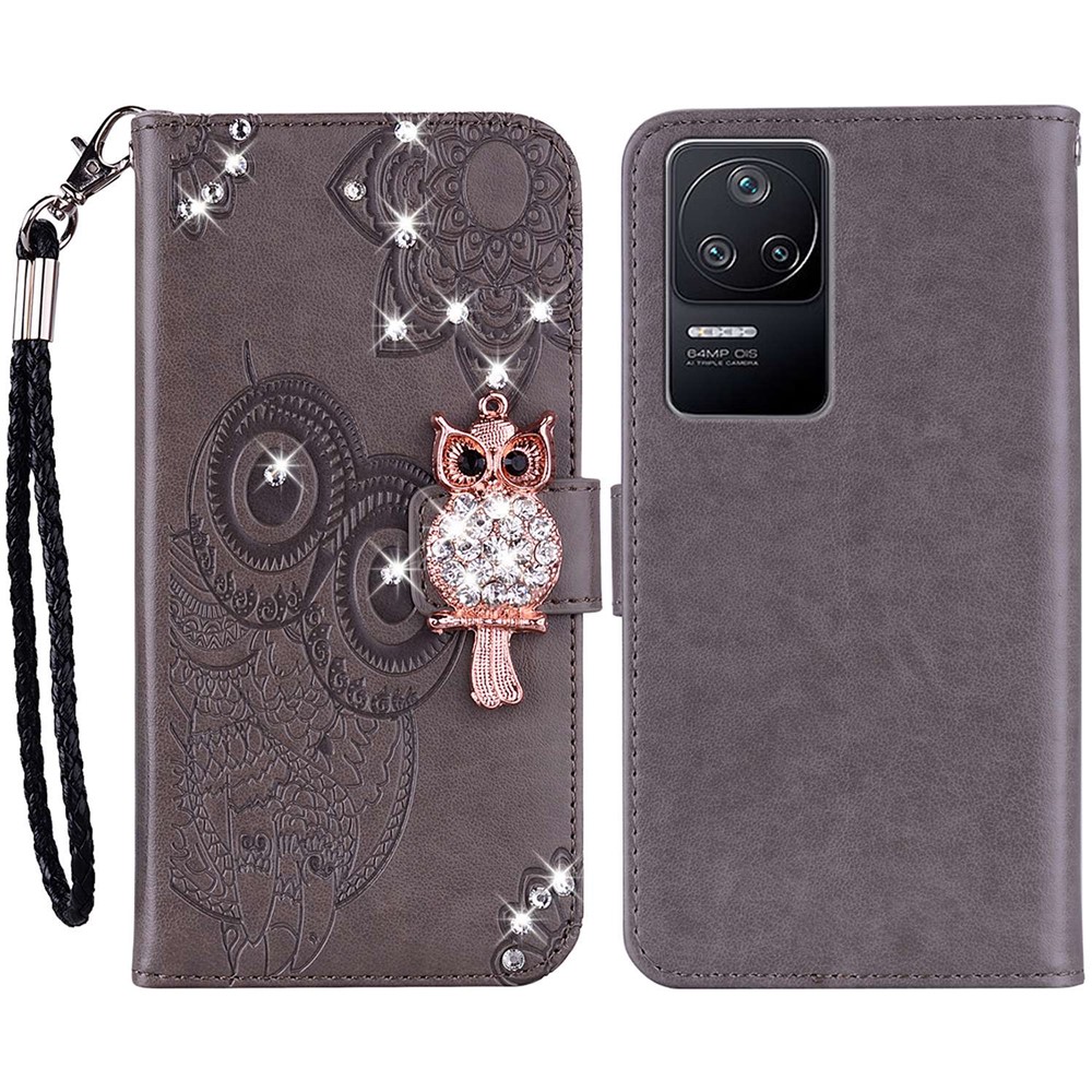 For Xiaomi Poco F4 5G / Redmi K40S 5G Rhinestone Decor Anti-scratch Phone Cover Stand Wallet Leather Case with Imprinting Owl Flower Pattern - Grey-1