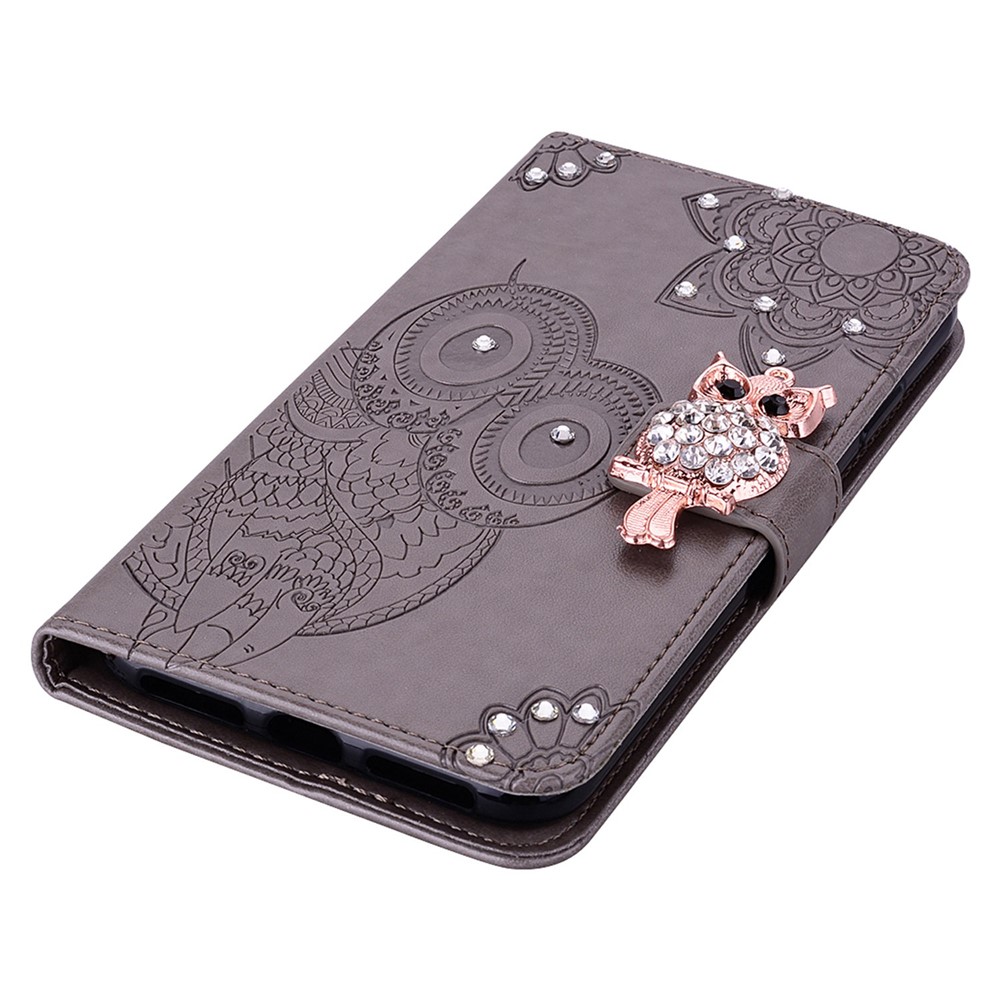 For Xiaomi Poco F4 5G / Redmi K40S 5G Rhinestone Decor Anti-scratch Phone Cover Stand Wallet Leather Case with Imprinting Owl Flower Pattern - Grey-4