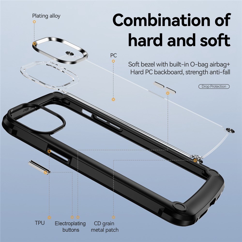 For iPhone 14 Pro Max 6.7 inch Drop-proof Phone Case Anti-scratch PC+TPU Mobile Phone Protective Back Cover Support Wireless Charging - Black-6