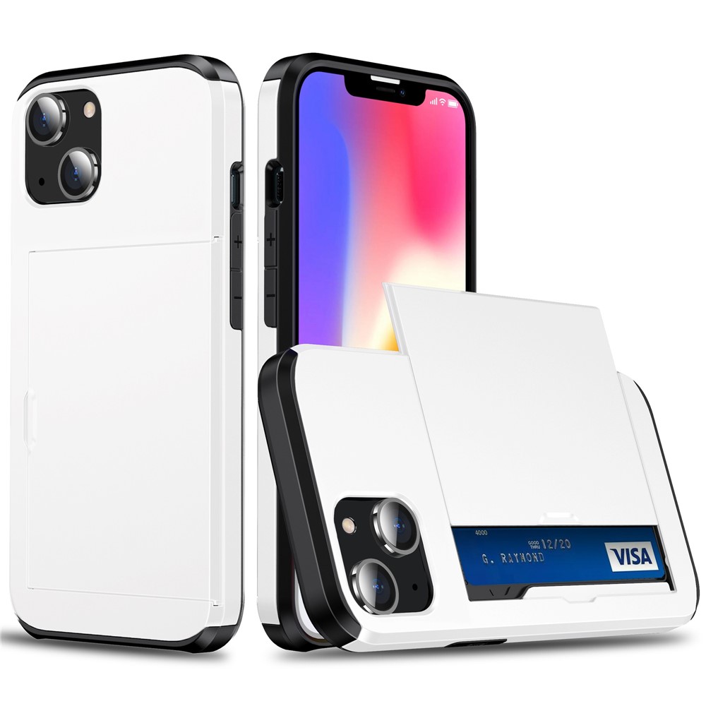 Slide Card Holder Phone Case for iPhone 14 6.1 inch, Drop-proof Protection TPU + PC Hybrid Cover - White-1