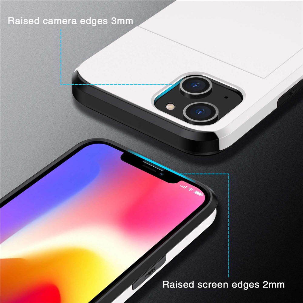 Slide Card Holder Phone Case for iPhone 14 6.1 inch, Drop-proof Protection TPU + PC Hybrid Cover - White-10