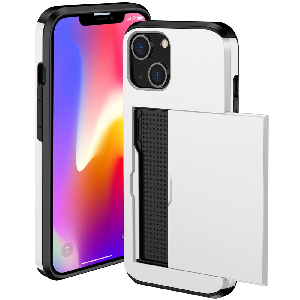 Slide Card Holder Phone Case for iPhone 14 6.1 inch, Drop-proof Protection TPU + PC Hybrid Cover - White-11