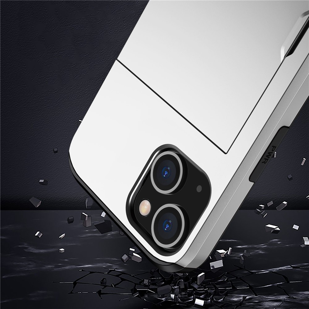 Slide Card Holder Phone Case for iPhone 14 6.1 inch, Drop-proof Protection TPU + PC Hybrid Cover - White-4